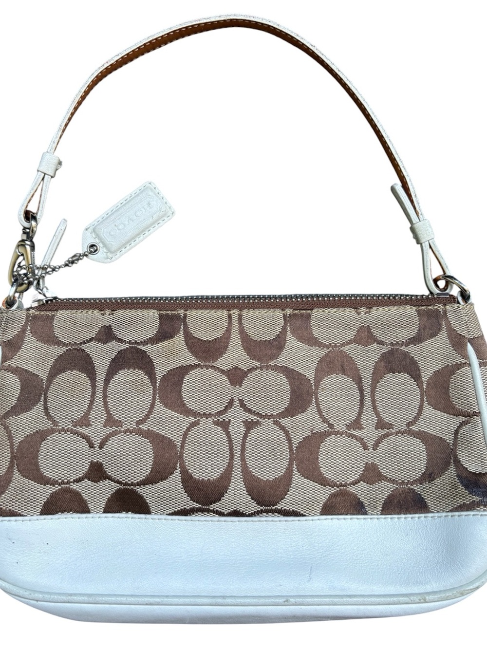 Coach Brown Signature Jacquard Shoulder Bag with White Trim